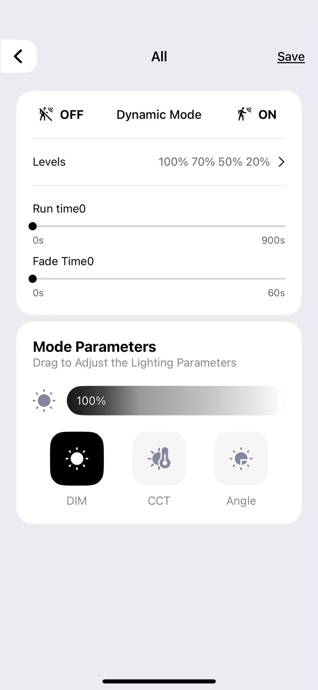 Sense app — Dynamic Mode parameters with brightness levels 100/70/50/20%, run time, fade time, and DIM/CCT/Angle controls